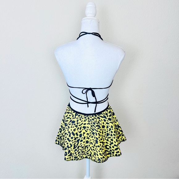 McEwan Studio Yellow & Black Leopard Print Triangle Top & Tie Skirt Rave Set - Picture 3 of 11